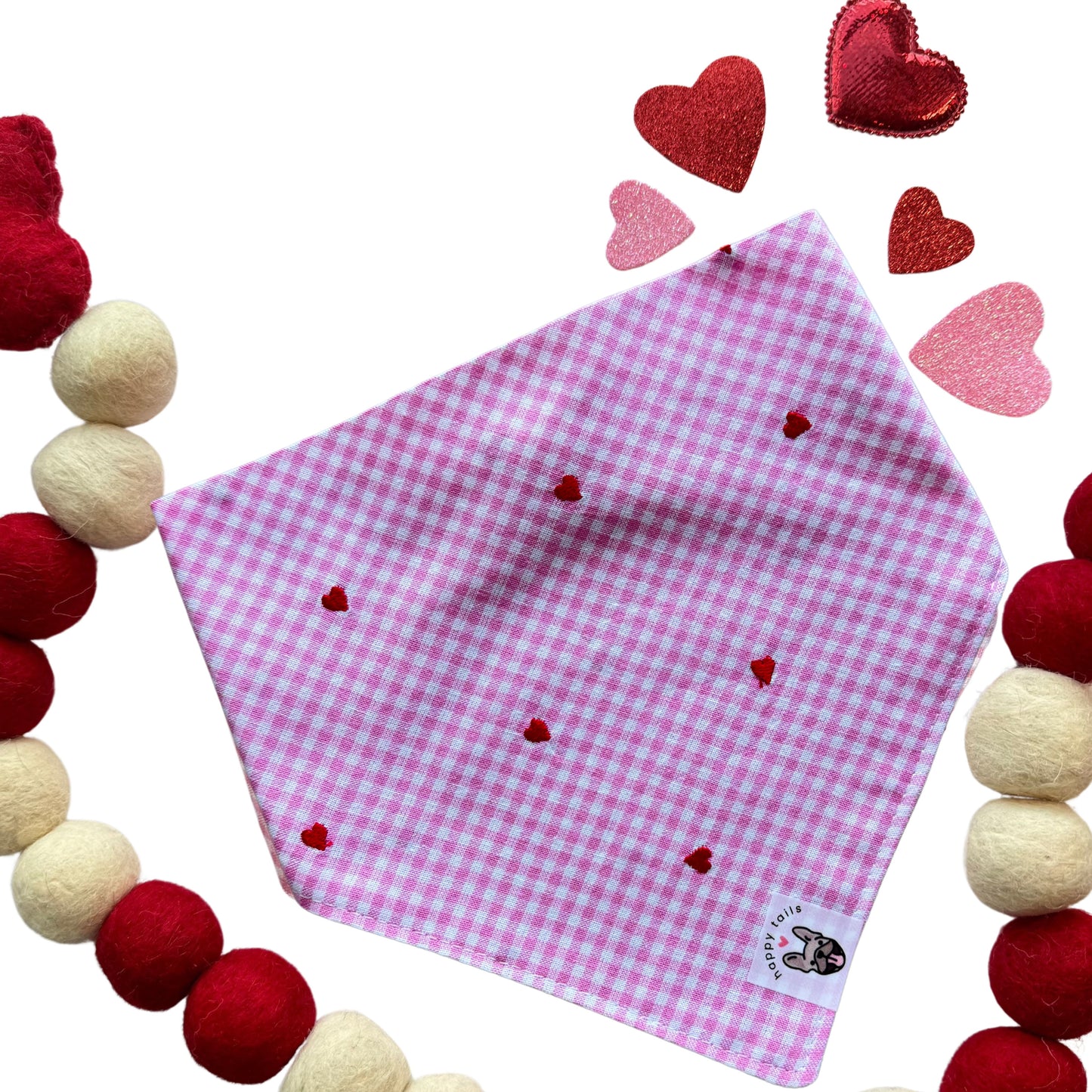Pink Gingham with Red Embroidered Hearts Bandana